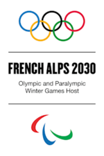 The Olympic rings and Paralympic gaits above and below the words "French Alps 2030, Olympic and Paralympic Winter Games host"