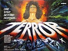 The determined face of a woman looms over a collection of smaller images: a car with its headlamps on and a row of terrified faces. The text of the poster reads "One Step Beyond Horror ... TERROR".