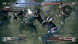 A group of people and monsters in light armor fight, with Rush facing away closest to the viewer. Gauges and boxes filled with text and numbers ring the perimeter of the image.