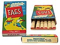 FAGS (c. early 1990s with red tipped candy cigarettes) (clockwise from left) Box front, box with top opened and candy cigarettes poking out, side of box.