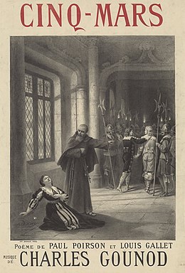 Theatre poster showing fainting heroine at front and hero being marched off to execution at back, with bearded monk or priest looking on. All are in 17th century costumes