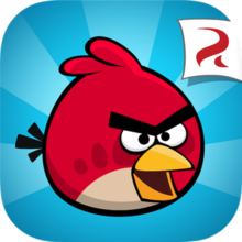 A square-shaped game image of Red on a blue outwards-striped background. The Rovio Entertainment logo is inside a white banner located in the top right corner.