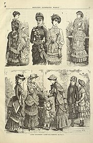 An etching of many different fashions for women found in the pages of this periodical. The top shows four separate models in decorative clothing and the bottom shows a scene of five women and a child interacting and all dressed resplendidly.