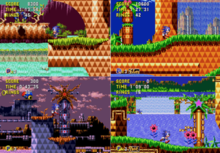 A collage of Sonic in the four time periods in the Palmtree Panic level. Clockwise from left: past, present, good future, and bad future.
