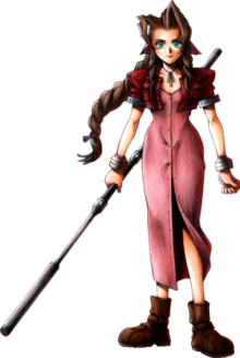 Drawing of a brown-haired girl with green eyes holding a large staff. She wears silver bracelets, brown boots and a shin-length pink dress that buttons up with the front with a red bolero jacket.