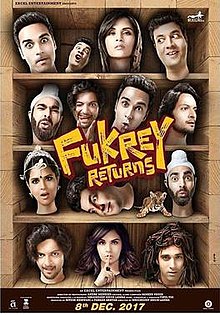 Film poster showing 14 heads of people on the shelf, with the movie title called "Fukrey Returns" shown in the middle of the image.