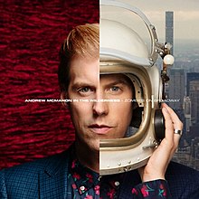 One half of an image of man wearing a suit against a red background, with the other half being the same person in a space helmet against a city skyline