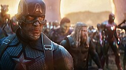 The Avengers, led by Captain America, assembling for battle vs. Thanos and his army