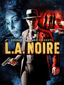 A detective stands with a gun; in the background is a dead woman (left) and a dead man near three policemen (right). In front of the detective is text: "ROCKSTAR GAMES PRESENTS" above the larger "L.A. NOIRE".