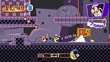 Peppino dashing during the "Pizza Time" escape phase in the first level. Gustavo can be seen pointing to the exit, while Pizzaface is on the Pizza Time timer; following Peppino are three Toppins. In this screenshot, the player is picking up collectibles (the red clocks) to increase their score and maintain their combo.