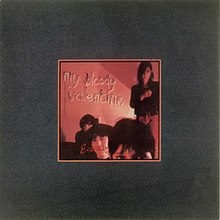 A saturated red image of four people surrounded by a grey border. Text inside the image reads "My Bloody Valentine Ecstasy".