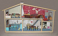 Mass-produced Swedish wooden dollhouse with wooden furniture, 1:18 scale, Lundby, 1961–64