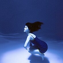 A blue-tinted photo of a woman crouching underwater