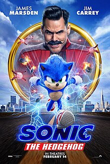 The titular Sonic the Hedgehog runs on a road chased by drones and missles, atop a background of a city scape and a ring with Dr. Robotnik inside it.