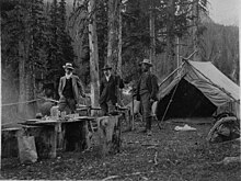 Peter Kaufmann (right) with Boston attorney and American Alpine Club President Lewis Delafield (middle) at the Canadian Alpine Club encampment at Rogers Pass (July 1908). Kaufmann spent a month in the Rockies climbing with Delafield. Photo courtesy E. Kaufmann, Grindelwald.