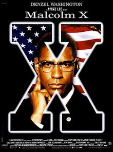 Inside the letter "X", Denzel Washington as Malcom X looking towards the viewer with an American flag as a background.