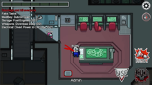 A white-suited astronaut named "Buddy" (the player) stands in front of an unnamed blue-suited corpse. The room they are in is labeled "Admin". In the hallway, slightly obscured by the sight line mechanic, is a pink-suited astronaut named "Chum". In the upper-left corner of the player's screen, there is a fake list of tasks as well as the player's goal: to kill all Crewmates. The player also has the option to Use, Report, Sabotage, and Kill. As the player has just killed, the button is on cooldown and faded.