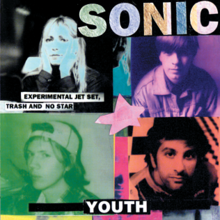 A picture of all Sonic Youth members with the pictures in different colors. The big words "Sonic" and "Youth" underneath in smaller text can be seen along with the picture. A star is covering the middle of the picture. The words "Experimental Jet Set, Trash and No Star" can be seen in the middle-left of the image.