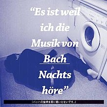 A man in a fetal position at the foot of a washing machine, with German words over top of the image.