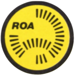 Stylized map of Australia consisting of black railway sleepers, with "ROA" in upper case black lettering, all in a black circle and with a yellow background within the circle