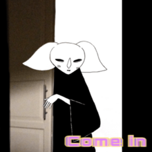 Mio, a white alien wearing a black robe, is coming out of a doorway onto a white background. Black bars are on the right and left sides of the image. Pink text with a yellow border reads "Come in" in the bottom right corner.