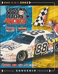 The 2002 Carolina Dodge Dealers 400 program cover, featuring Dale Jarrett, winner of the 2001 race.