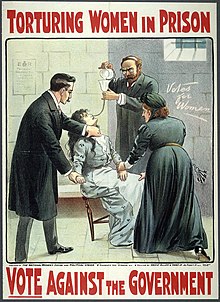 A WSPU poster showing the force feeding of Suffragettes in prison