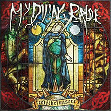 The core of the album cover features the Virgin Mary on a stain-glass window, with the album name embroidered on tapesty in medieval writing, covering a globe of the Earth. The corners of the cover show red chain symbols.