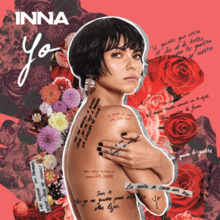 A nude Inna with a fringe bob in front of a floral collage and handwritten lyrics
