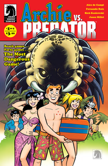 A cover to issue #1. The Predator's head looms over Archie and his friends as they prepare to swim.