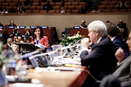 Nihal Saad moderating a plenary session at the 8th UNAOC Global Forum in New York