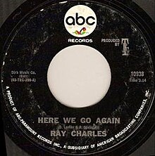 Black 45 record label with the ABC logo on top and the song "Here We Go Again", singer Ray Charles and other detail