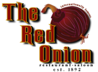 Stylized lettering saying "The Red Onion" in red with yellow trim, descending further rightward with each word. A drawn red onion rests, tilted, on the right. Above it are the curved words, in small type "Internationally famous", with "saloon … restaurant … established 1892" below in similar type