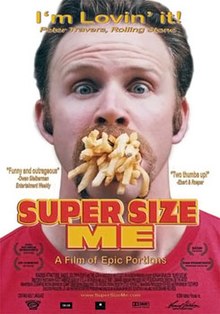An image of Morgan Spurlock having his mouth stuffed with French fries. Film accolades are seen in the poster along with the credits and film titles at the bottom.