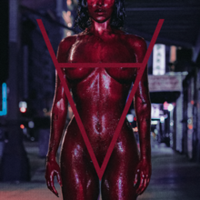 Cover art for "Attention": a bloody, naked Doja Cat and an upside-down letter "A" that covers her nipples and groin