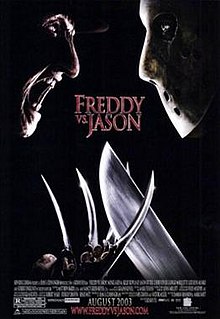The two slasher villains, Freddy Kruger and Jason Voorhees, face each other head-to-head, with the film's title near the center of the poster while the credits remain at the bottom.