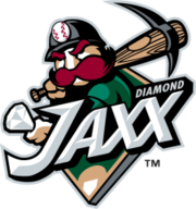 A logo depicting a miner with a pickax in place of a bat holding out a diamond as if prepared to toss it up in the air and take a swing at it