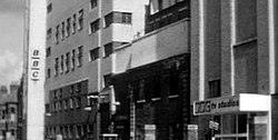black and white photo of the building frontage