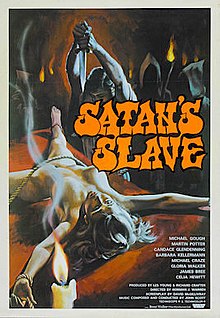 Movie poster for "Satan's Slave", depicting a naked woman bound to a candlelit altar, while a man menacingly wields a dagger above her body, and hooded figures observe with lit torches in hand.