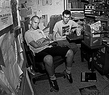 Future Egg Hunt members at Dischord Records ca. 1983. From left to right, Ian MacKaye and Jeff Nelson.