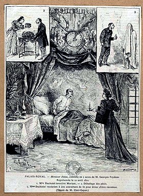 Press drawing of stage production: a startled-looking man sits up in bed with a fully-dressed woman holding a candelstick stands at the bedside