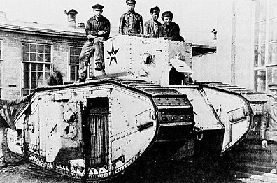 Red troops with captured Medium Mark B tank, ca. 1920