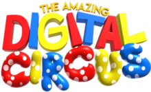 The words "The Amazing Digital Circus" depicted in red, yellow, and blue colours. The word "Circus" has white dots on each letter.