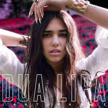 Dua Lipa wearing a white blouse with bracelets in a red and purple field. She rests one of her arms on the top of her head and the other behind her head. The song title appears at the bottom with her name above it.