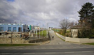 The depot, with the station building on the right. The pathway leads to the platforms.