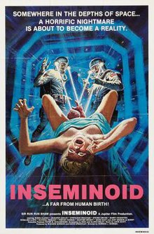 In the foreground, a woman in labour screams as the head of an alien child emerges from between her legs. In the background, two men in spacesuits shine flashlights onto the newborn, aghast. Text at the top of the image reads "Somewhere in the Depths of Space ... A Horrific Nightmare is About to Become a Reality". Lower down, the title of the film, "Inseminoid", is rendered in large, bold text. The bottom of the image contains additional text that reads "... A Far from Human Birth!", plus the main production credits.