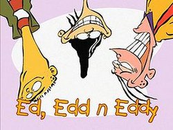 Three adolescent boys, hanging upside-down in front of a purple-white background, with dark-orange-outlined light orange text saying "Ed, Edd n Eddy" near the bottom.