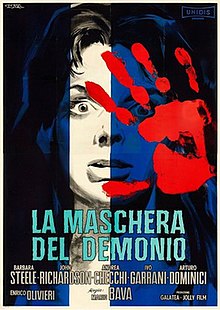 A shocked woman's face is portrayed through a blue filter (with the exception of a white bar on the center-left, while a red handprint is visible on the right-hand side of the poster. "La maschera del demonio" and cast/crew credits are printed at the bottom.