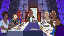 A screenshot from the television series BoJack Horseman, showing various characters sitting at a dinner table. From left to right, the characters featured are Corduroy Jackson-Jackson (voiced by Brandon T. Jackson), Herb Kazzaz (Stanley Tucci), Secretariat/Butterscotch Horseman (Will Arnett), BoJack Horseman (Arnett), Beatrice Horseman (Wendie Malick), Crackerjack Sugarman (Lin-Manuel Miranda), and Sarah Lynn (Kristen Schaal).