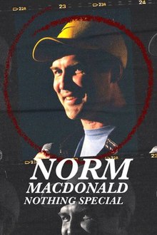 Poster featuring Norm Macdonald in a blue shirt and yellow hat, with the quality and text mimicking a film strip. Text below Macdonald reads, in all capitals, "Norm Macdonald Nothing Special"